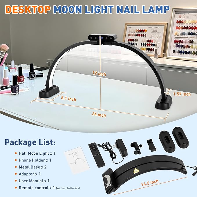 KIRKAS 24inch Large Half Moon Light for Nail Tech, 456 LEDs 3 Color Modes Infinitely Knob Arch Nail Light with Screen and Phone Holder Charging Function, Foldable Lighted Lamp for Manicure,Craft-Black