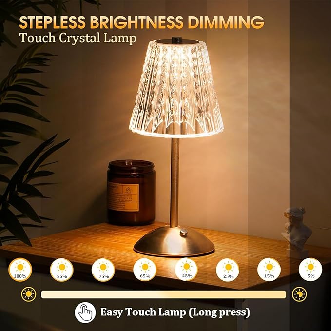 Diydeg Cordless Table Lamp, Touch Control Stepless Dimmable Crystal Table Lamp with 3 Modes, Rechargeable Battery Operated Small Nightstand Lamp for Bedroom, Living Room
