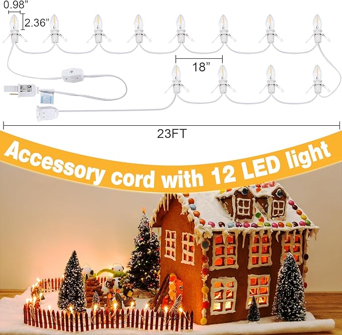Meonum 1 Pack Christmas Village Lights Accessory Cord with 12 LED Light Bulbs, 21.3 FT C7 LED Lights with Dual Fuse and Switch Compatible with Dept 56 Christmas Holiday Craft Project Decor
