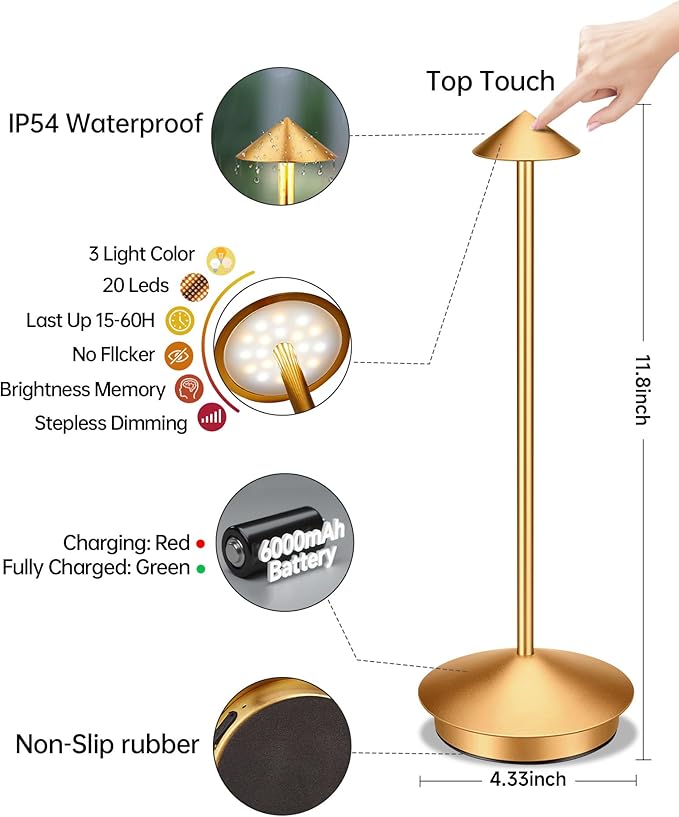 Portable Led Cordless Lamp Table Light 2 Pack, Rechargeable 6000mAh Battery Outdoor Table Lamp for Dinning Restaurant Patio Bedroom Camping, IP54 Waterproof, Dimmable