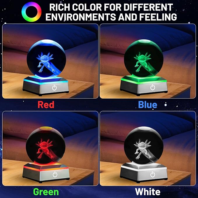 3D Axolotl Crystal Ball Night Light With LED Colorful Touch Base - 3.15 Inch Glass Ball Lamp for Birthday, Christmas - Cool Toy Gifts for Boys Girls Kids - Axolotl Figurines Home Decor