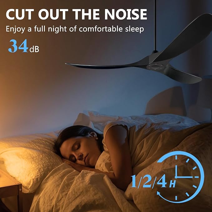 60 Inch Ceiling Fans Without Light, Solid Wood Ceiling Fan with Remote Control and Quiet DC Motor, Ceiling Fan no Light 3 Blades, Outdoor Ceiling Fans for Patios without Lights Matte Black