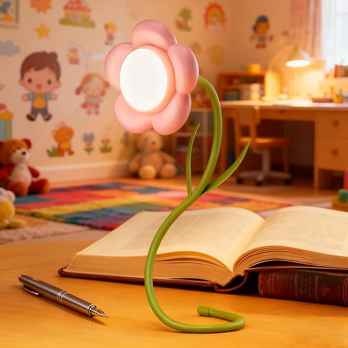 LIYAOLI Pink Flower Desk Lamp for Girls,Neck Reading Light,Rechargeable LED Lamp with USB Charging Port,3 Color Modes & Stepless Dimming,Mini Desk Lamp Office Desk Decor (Pink)
