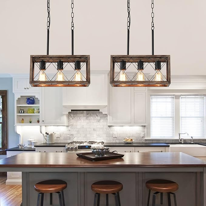 KEESFU Farmhouse Kitchen Island Lighting, 3 Lights Pendant Lighting Fixtures, Adjustable Height, Industrial Dining Room Light for Living Room Foyer Dining Table Over Sink. (Wood Grain Color)