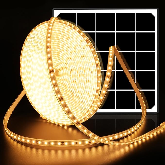 Solar LED Strip Lights,32.8FT 6000mAh Large Capacity Solar String Lights for Outside,IP68 Waterproof Solar Rope Light with Remote for House,Garden,Balcony,Pool,Tree Decorations,Warm White
