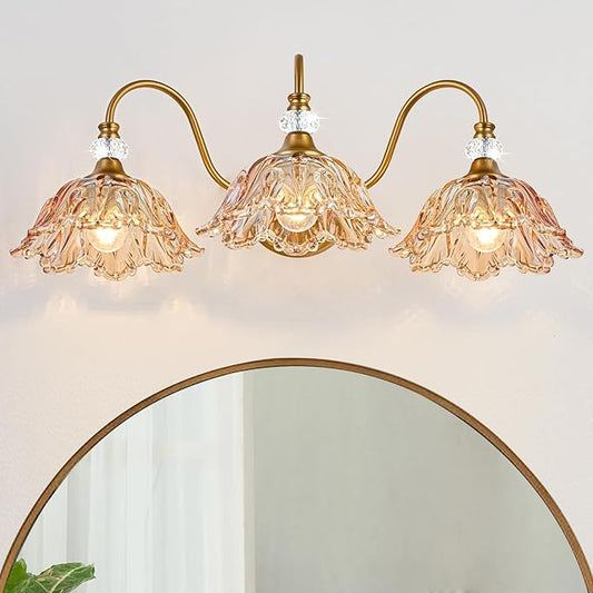 Vintage 3-Light Bathroom Vanity Light | Matte Brass & Flower Amber Glass Wall Sconce