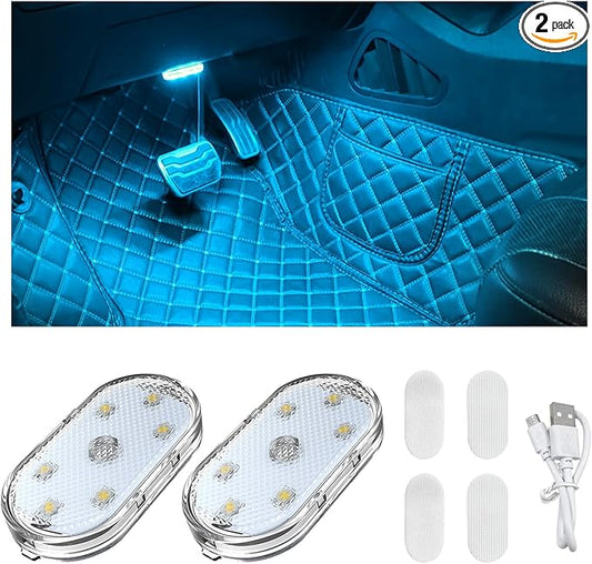 2 PCS Car LED Lights Interior Wireless, Sticky Car Ambient Lighting with 6 Bright LED Lamp Beads, Portable USB Rechargeable Vehicle Interior Led Night Light for Car (Ice Blue)