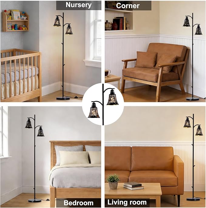 64.56" Tall Rustic Floor Lamp,2-Light Tree Gothic Black Metal Butterfly Lampshade Farmhouse Floor Lamps for Living Room,Western Standing Floor Light for Bedroom,Home,Office,Corner,Bar
