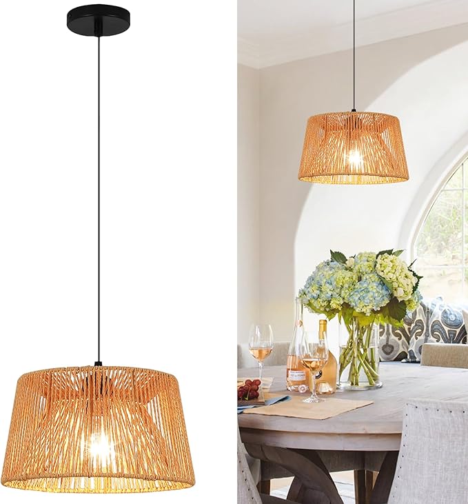 Rattan Pendant Light,boho hanging light Fixture Kitchen Island,Handwoven wicker Flush Mount ceiling light fixtures,Coastal Natural rattan chandelier for dining room Bedroom Living Room Hallway