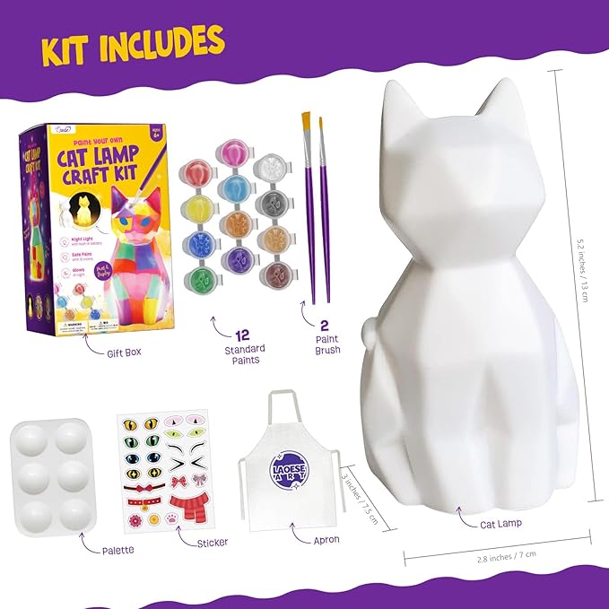 Paint Your Own Cat Lamp Kit, Arts and Crafts for Kids Ages 8-12, Art Supplies Painting kit for Kids 6-12, Cat Night Light Toys Girls Boy Birthday Easter Gifts for Kids Ages 3 4 5 6 7 8 9 10 11 12+