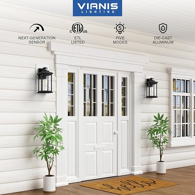 VIANIS Large Motion Sensor Outdoor Lights 2 Pack, Dusk to Dawn Outdoor Lighting with Water Glass, Easy-Install Aluminum Waterproof Hardwired Exterior Lights for Porch, Garage, Front Door