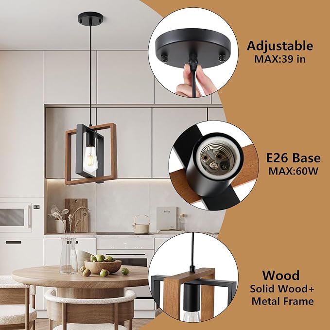 9MMML Wood Pendant Light Kitchen Island Set of 2, Farmhouse Hanging Lamp with 62'' Height Adjustable Cord, Small Ceiling Pendant Light Fixture for Dining Room, Entryway, Foyer(E26 Bulb Base)