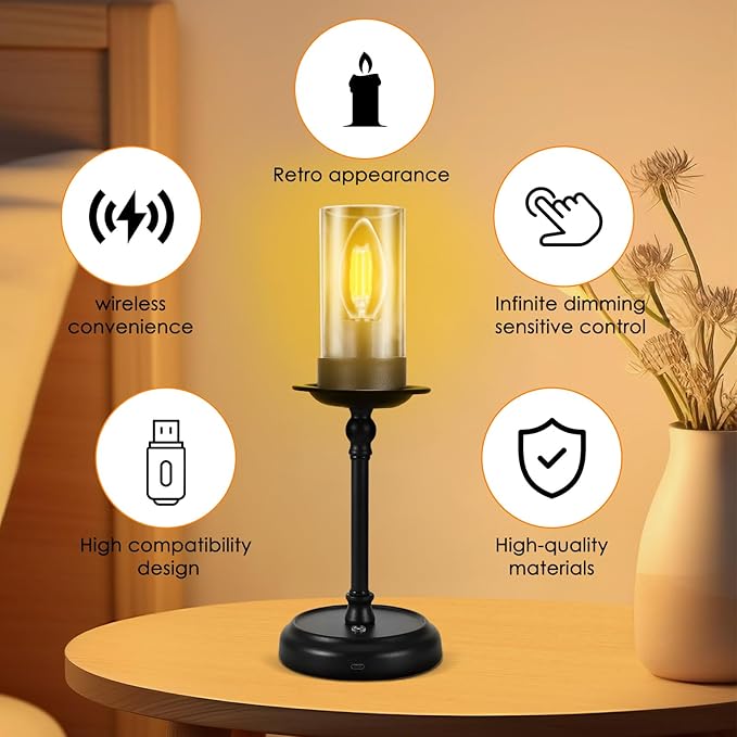 Houkiper LED Candle Table Lamp, 12.6inch Tall Vintage Desk Light with Clear Shade, 3000k Warm Light, Dimmable Night Light for Living Room, Bedroom, Office (Adapter Not Included)