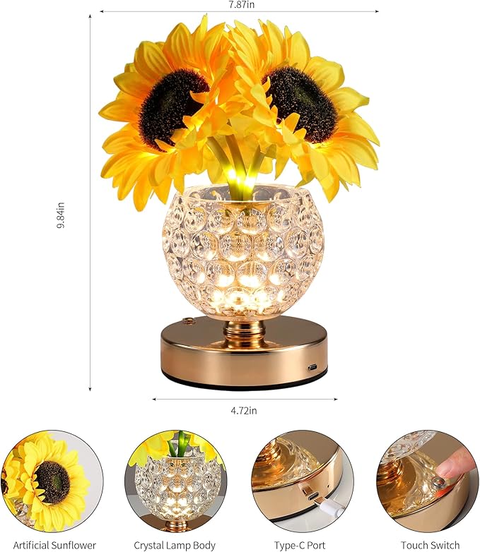 Sunflower Lamp Gifts for Women,Rechargeable Cordless Touch Lamp with 3-Colour Dimming,Crystal Vase Flower Light for Birthday Gifts,Mother's Day for Mom,Christmas,Home Decor,Bedroom