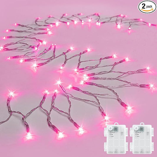 String Lights Outdoor Waterproof 9.8ft 30 LED, Pink Fairy Lights Battery Operated with Timer Clear Wire for Indoor & Outdoor Christmas Valentine's Day Decorations Garland Party2 Packs