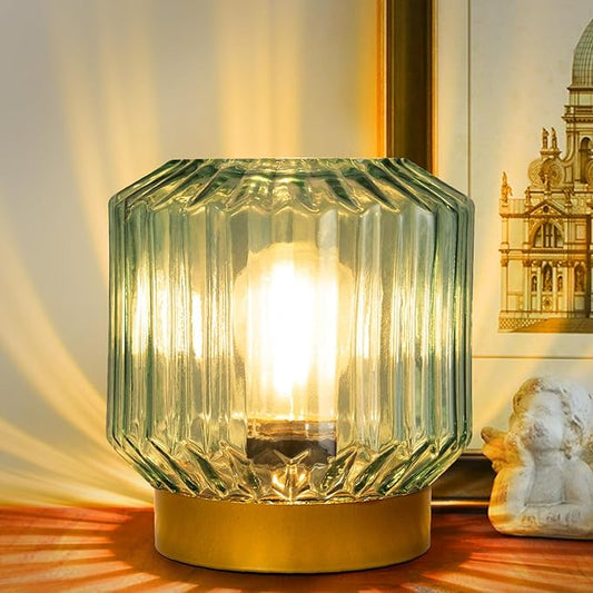 Battery Operated Lamp with Timer, Cordless Lamps for Areas No Outlets, Decorative LED Small Lamp with Original Vintage Lantern Design, Glass Mood Light for Entryway, Bedroom,Bathroom (Green)