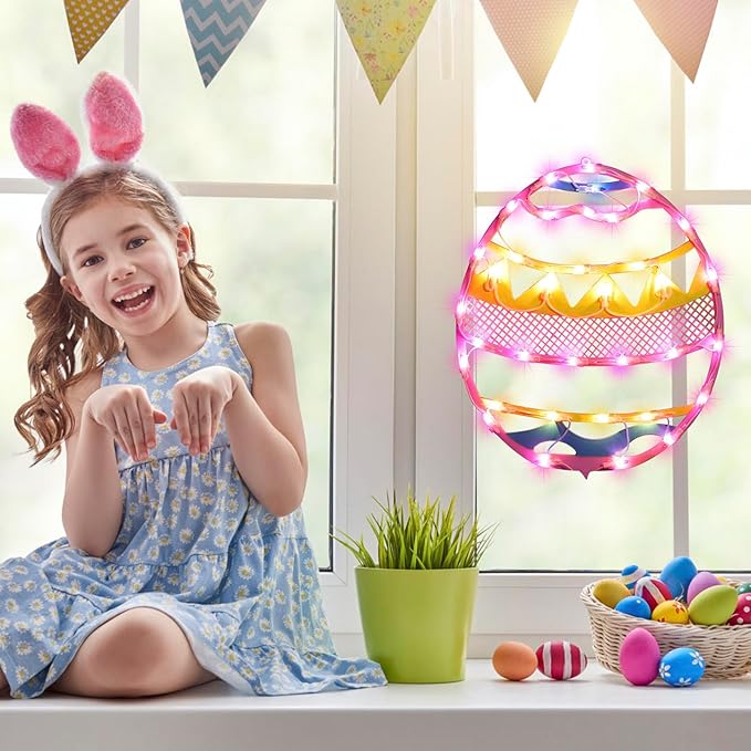 LAMPHOME 17" Lighted Pink with Yellow Chevron Stripe Easter Egg Window Silhouette