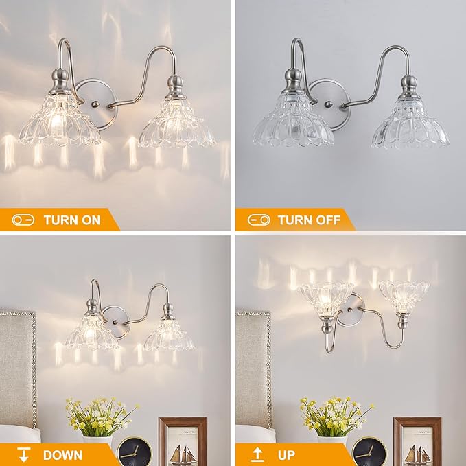 Vintage Bathroom Light Fixtures Over Mirror, 2-Light Brushed Nickel Wall Sconce Lighting with Flower Glass Shade, Farmhouse Vanity Lights for Bedroom Kitchen Living Room Hallway Light