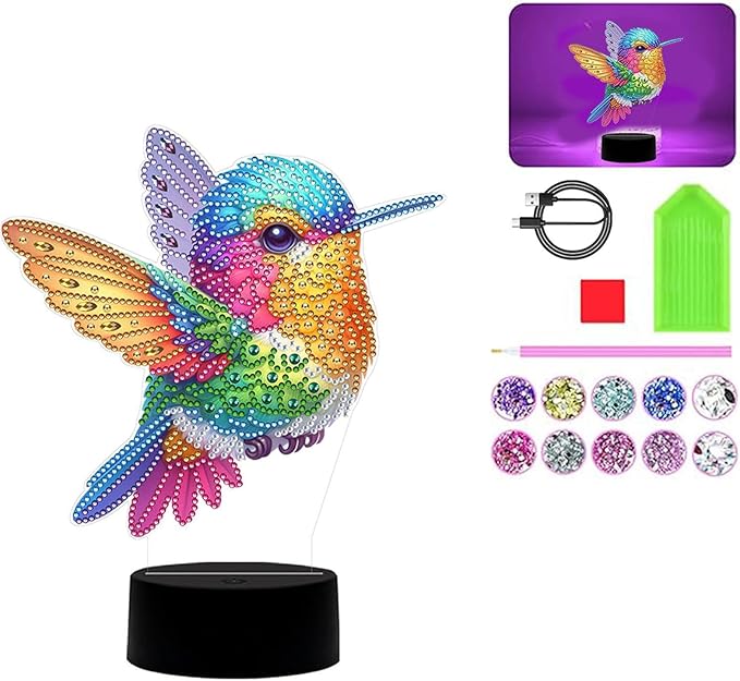 Hummingbird Diamond Art Painting Night Light,Diamond Art Painting Kits Desktop Touch Lamp Ornaments for Tabletop Decor Diamond Art Accessories for Adult Beginner Bedrooms Living Room