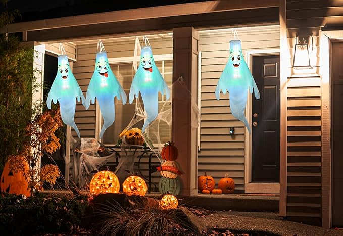 Halloween Decorations Outdoor: 2 Pcs Cute Hanging Ghosts for Tree, Porch, Garden, Yard - Waterproof Colorful LED Ghost Decor with Timer