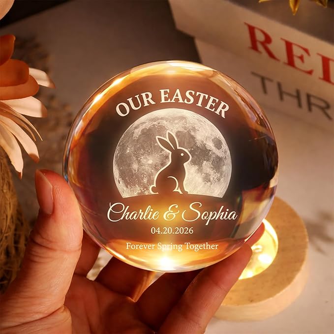 Personalized Our Easter Crystal Ball LED Night Light, Custom Couple Name Bunny Moon Glass Globe Lamp with Wooden Base, Romantic Easter Keepsake Gift for Him Her Anniversary Décor