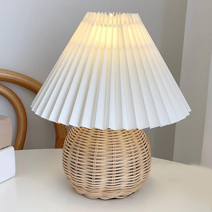 Table Lamps for Living Room, Retro Lamp Small Pleated Table Lamp Rattan Metal Base Modern Bedside Nightstand Lamp with Beige Lampshade