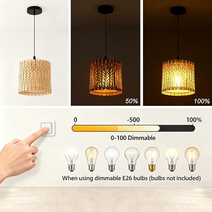 Farmhouse Natural Wood Drum Pendant Light, 1-Light Rural Ceiling Hanging Lamp Lighting Fixture with 7" Lampshade, Boho Chandelier for Kitchen Island Hallway Dining Room