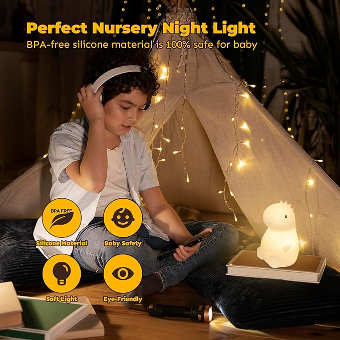 Adorable LED Squishy Animal Night Light - 2 Level Dimmable Nursery Lamp for Kids, Rechargeable Touch Lamp, Cute Dorm Decor - Perfect Baby Boys Girls Gift (Little Dinosaur)