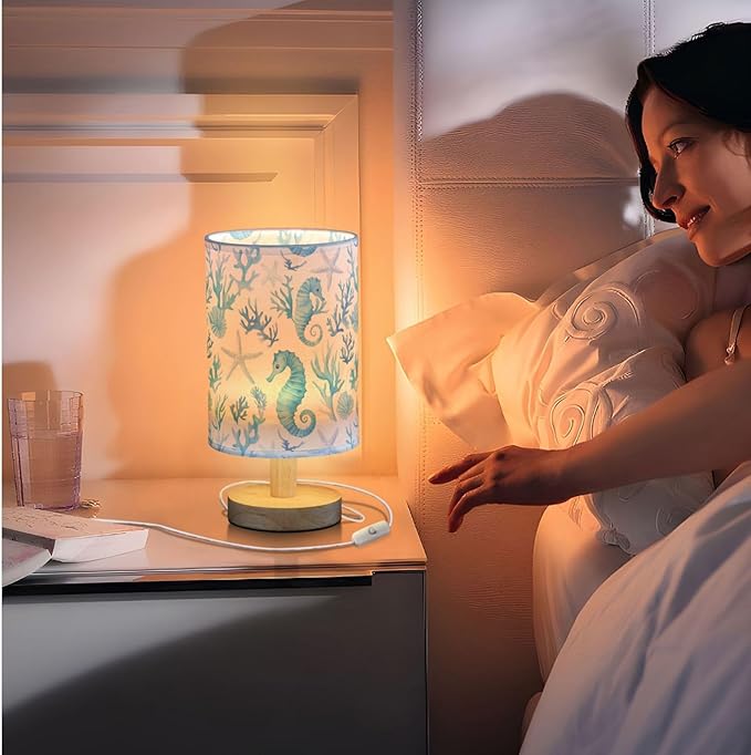Nautical Seahorses Starfish Coral Blue Bedside Table Lamps with USB Port for Bedroom LampSmall Nightstand Lamp Sturdy Linen Shade Wooden Base Decorative Lamps for Nursery Kids Reading Dorm Home