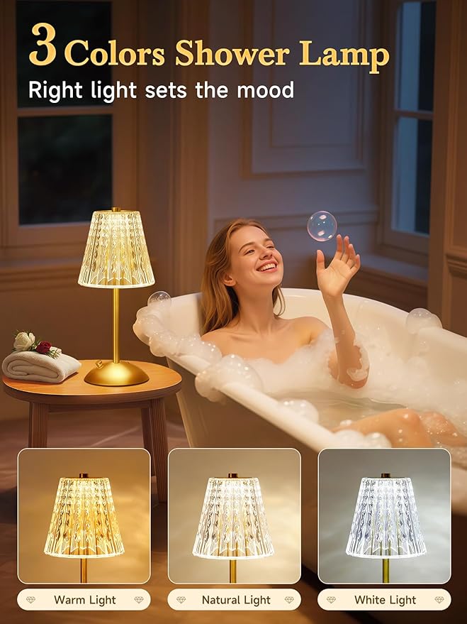 Valentines Gifts, Cordless Lamp, Crystal+Dimmable+3 Colors Rechargeable Lamp, Touch+2000mAh Battery Operated Vintage Ambient Light for Kitchen/Bedroom/Bathroom Shower, College Gifts for Teenage Girls
