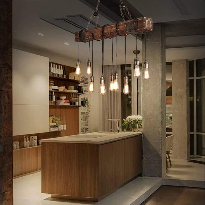 Rustic Farmhouse Chandeliers for Dining Room & Kitchen Island 10-Light Adjustable Wooden Pendant Lighting 43.3" Retro Ceiling Hanging Light for Bar & Pool Table