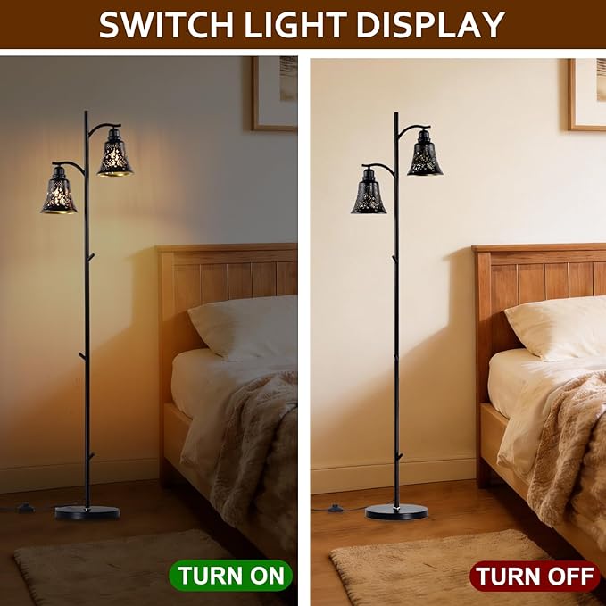 64.56" Tall Rustic Floor Lamp,2-Light Tree Gothic Black Metal Butterfly Lampshade Farmhouse Floor Lamps for Living Room,Western Standing Floor Light for Bedroom,Home,Office,Corner,Bar