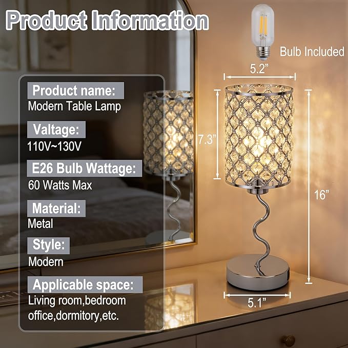 Crystal Table Lamp with 3 Way Dimmable Touch Control, Nightstand with USB A+C Ports, Modern Bedside Touch Lamp for Bedroom, Living Room, Office Reading, Silver