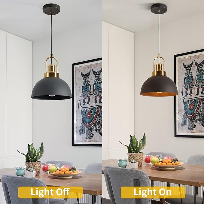 Vintage Industrial Pendant Light Black Pendant Light with 9.84-inch Dome and Brass Socket, 78.74-inch Wire – Perfect for Kitchen Island, Dining Room, Hallway, Bedroom, Living Room