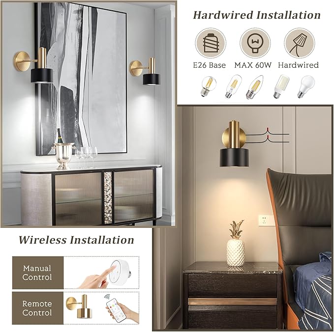 Battery Operated Wall Sconces Set of 2, Modern Wireless Black Wall Lights Fixtures,Cordless Wall lamp with Memory Function, with Remote Control Apply to Bedroom, Living Room, Corridor Stairs