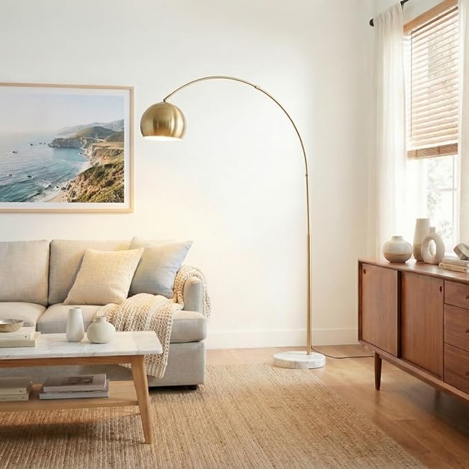 Brightech Olivia Floor Lamp - Chic Arc Lamp with Rounded Spolight Head and Marble Base for Living Room, Tall Standing Lamp with LED Light Bulb for Bedroom Reading, Boho Home Decor for Office - Brass