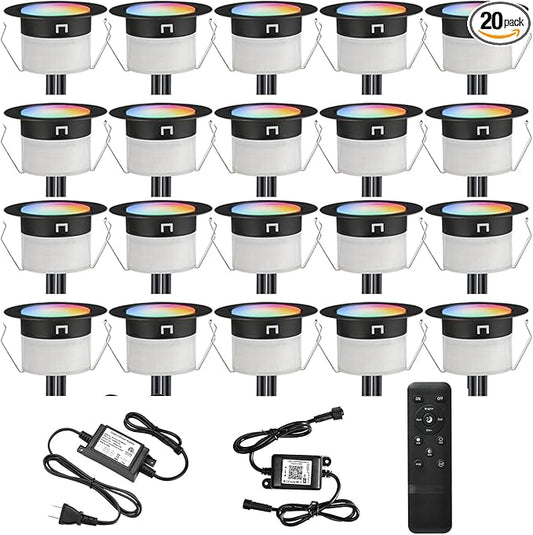FVTLED LED Deck Lights Kit, 20pcs Φ1.22 D31 WiFi Smart Phone Control Low Voltage Recessed RGBW Deck Lighting Waterproof Outdoor Yard Path Stair Decor, Black