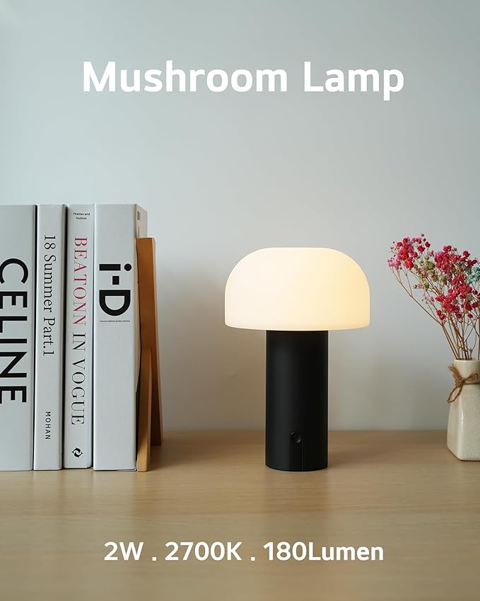 Cordless Mushroom Table Lamp, Waterproof Shower Lamp, Battery Operated Table Lamp Rechargeable, Touch Dimmable Night Light for Bedroom/Patio/Camping/Dinning/Outdoor (Black)
