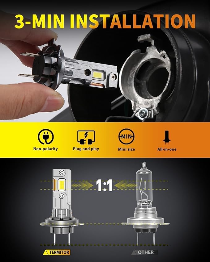 H7 Light Bulbs, 1:1 Mini Size, 80,000LM Brightness, 6500K Cool White, Easy 3 Min Plug and Play, IP68 Rated, 85K+ Hrs Long Lifespan, Excellent for H7 Fog Lights, Pack of 2