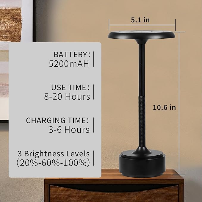 5200mAh Rechargeable Cordless LED Table Lamps Touch Sensor Light, 3-Levels Portable Dimming Wireless Battery Operated Lamp,Night Light/Restaurant Table/Outdoor/Coffee/Bar (Black Set of 2)