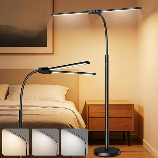 Rechargeable Cordless Floor Lamp with Battery 8000mAh, 15W Dual Head Adjustable Gooseneck LED Reading Lamp, Bright Floor Standing Light for Home, IP54 Rated