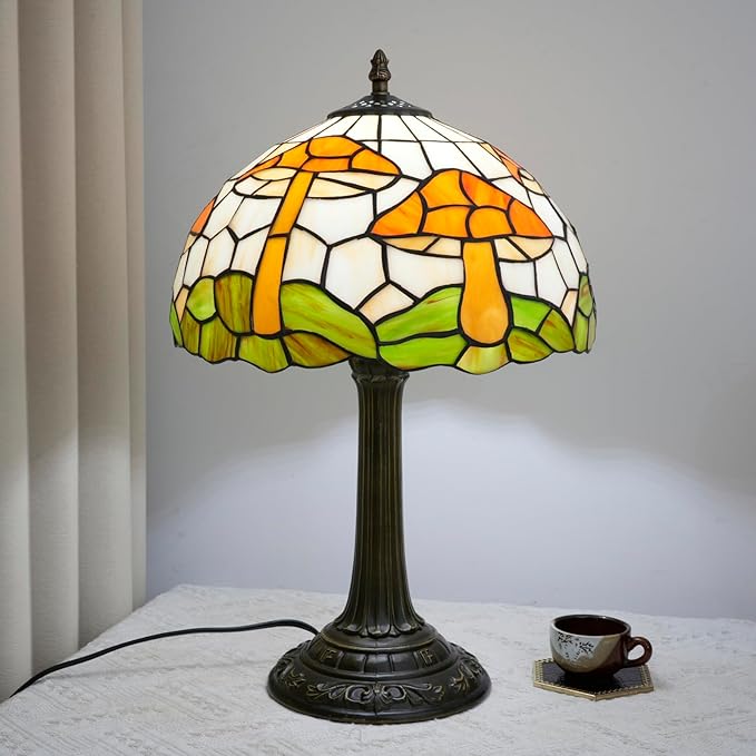 uniquel Vintage Orange mushroom Tiffany lamps Retro Style Stained Glass Table Lamp Cute Aesthetic Bedside Lamp for Bedroom nightstand Night Stand Lighting reading cottage decor desk lamp 12 inch E26