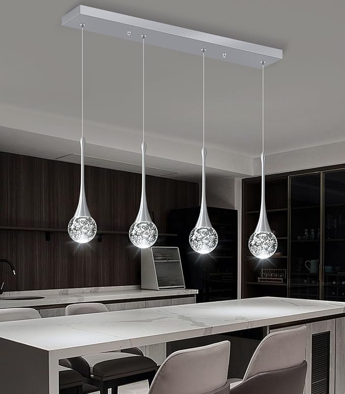 4-Lights Modern Pendant Lights for Kitchen Island LED Dimmable Crystal Glam Ceiling Pendant Lighting Chandelier for Dining Room Hallway Bedroom Silver