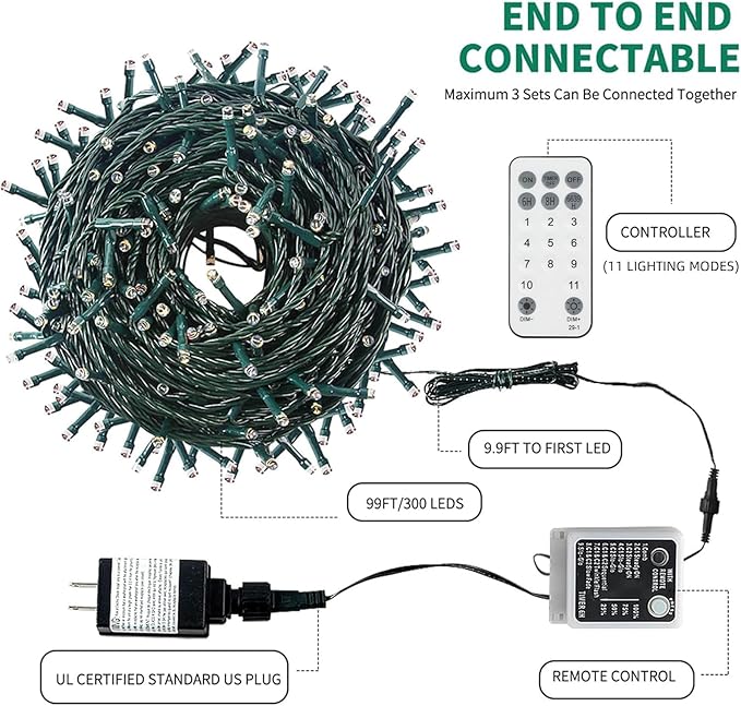 Color Changing Christmas String Lights Outdoor Indoor, 108FT 300 LED Warm White Multi Color Fairy Light, END to END CONNECTABLE, Waterproof Christmas Tree Lights with Timer Remote