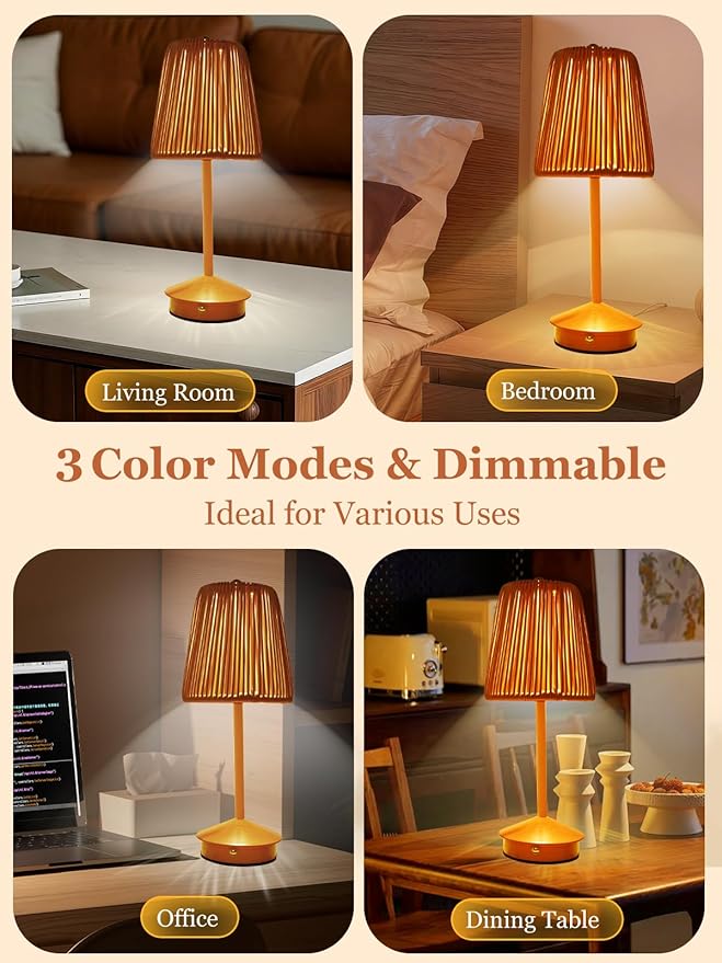 Boho Rattan Table Lamp, Cordless Wicker Woven Vintage Table Lamp - LED Rechargeable Touch Control 3 Color Dimmable Reading Bedside Lamp for Bedroom Living Room Office, Home Outdoor Decor (Brown-2)