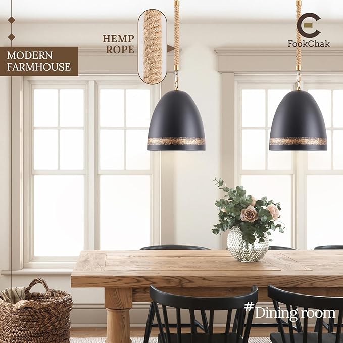 Farmhouse Pendant Light Black 10in Hemp Rope Boho Kitchen Island Lighting French Country Ceiling Pendant Light for Kitchen Sink Dining Room Entry Hallway