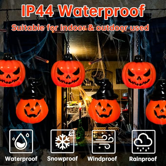 6ft Halloween Pumpkin Curtain String Lights, Led Icicle Light Strand, Jack-o'-Lantern with 8 Modes Battery Operated Indoor Outdoor Holiday Decoration