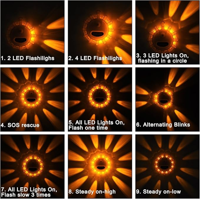 USB C Rechargeable LED Road Flares Emergency Lights with Magnetic Base, 9 Strobe Options Roadside Emergency Warning Car Safety Beacon Flashing Disc Flare Kit for Vehicles & Boat, 3 Pack