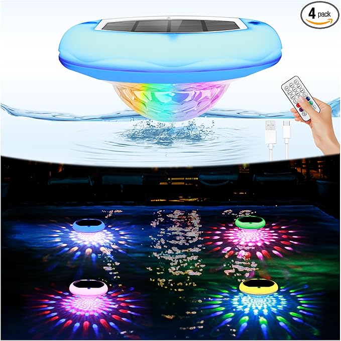Solar Pool Lights(4 PACK), USB Rechargeable Floating Pool Lights, 6.69 Inch IP68 Waterproof 6 Dynamic Modes Upper and Lower Color Changing 2600mAh Hangable Floating Light with Remote for Bathtub