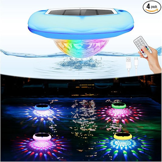 Solar Pool Lights(4 PACK), USB Rechargeable Floating Pool Lights, 6.69 Inch IP68 Waterproof 6 Dynamic Modes Upper and Lower Color Changing 2600mAh Hangable Floating Light with Remote for Bathtub